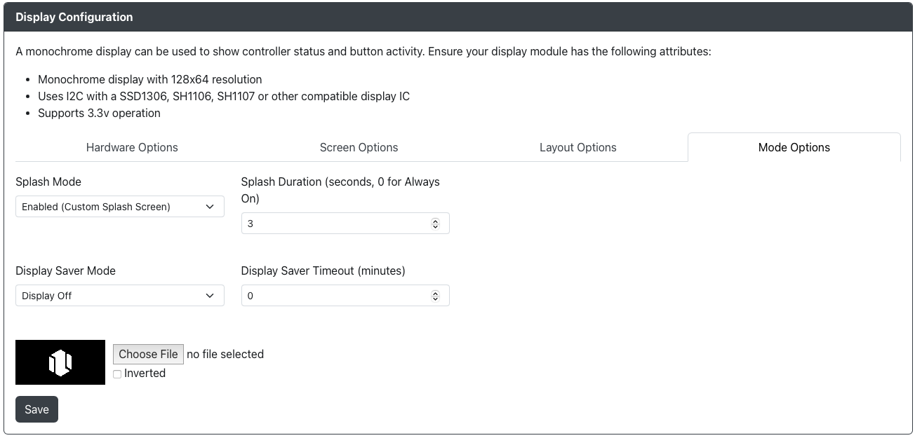 GP2040-CE Configurator - Display Configuration - Mode Options