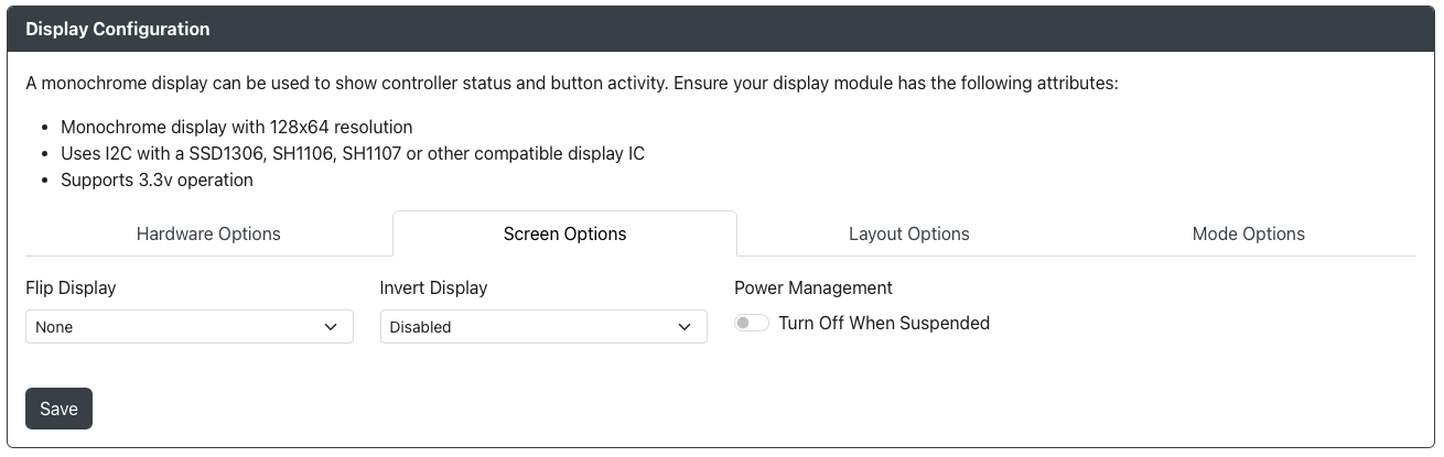 GP2040-CE Configurator - Display Configuration - Screen Options