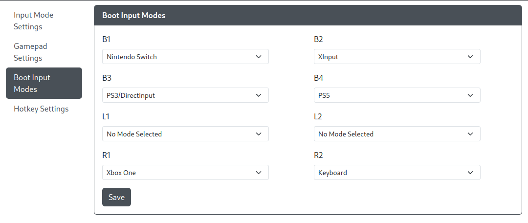 GP2040-CE Configurator - Boot Input Modes
