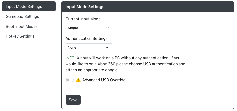 GP2040-CE Configurator - Input Mode Settings